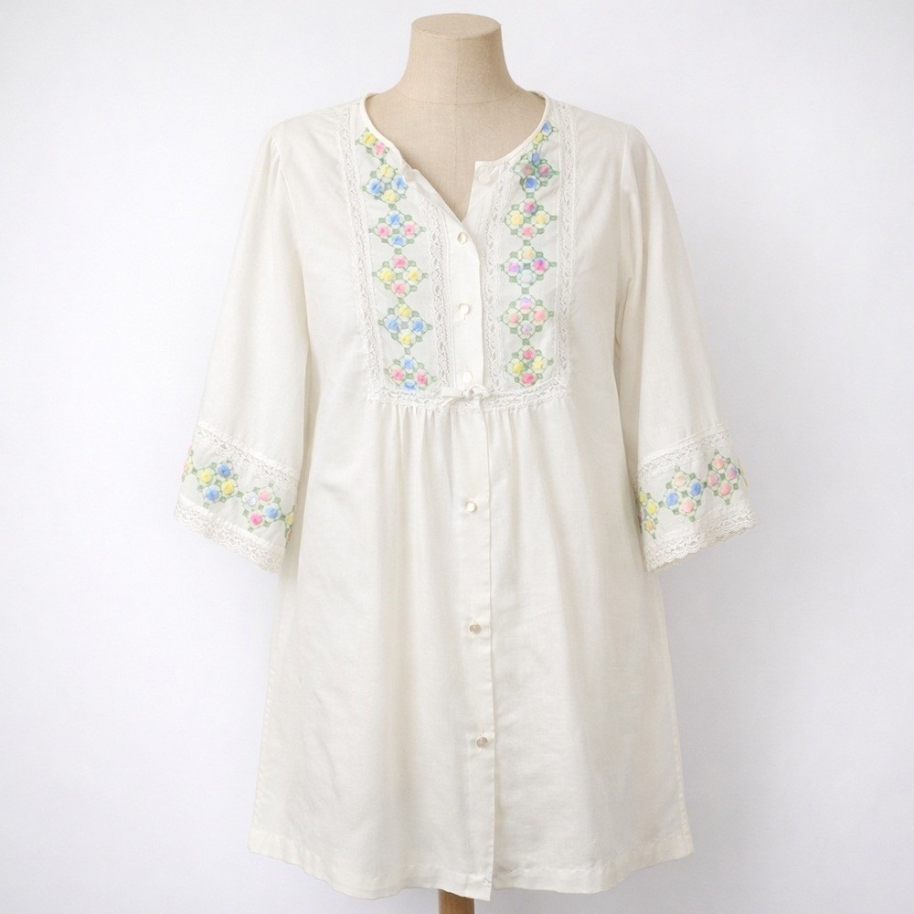 Vtg Floral Embroidered Lace Button Shift Dress Size M‎ White Prairie Cottagecore